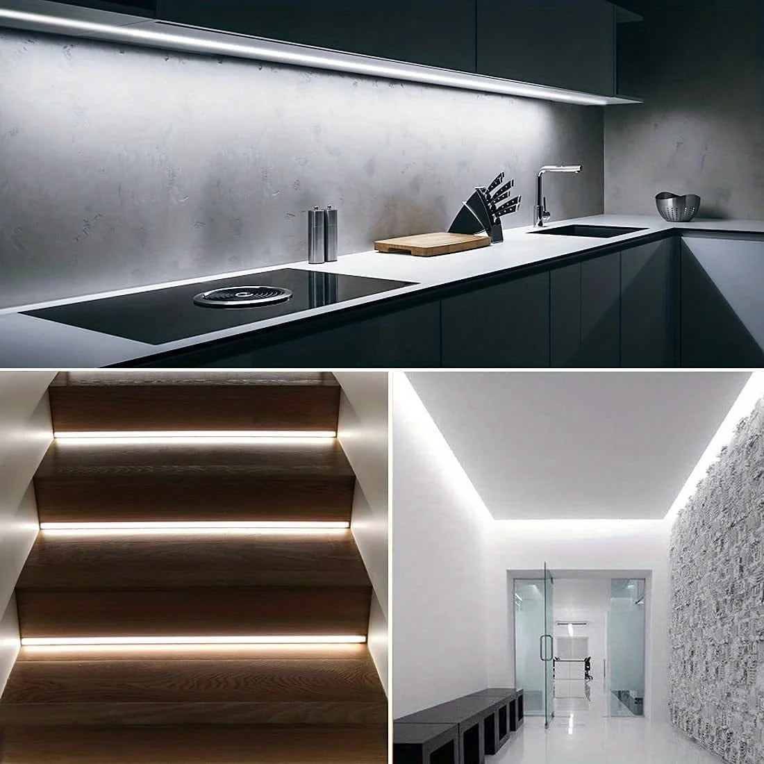 Modern interiors illuminated by sleek LED light strips — under kitchen cabinets, along stair edges, and across ceiling coves — creating a refined ambient atmosphere.