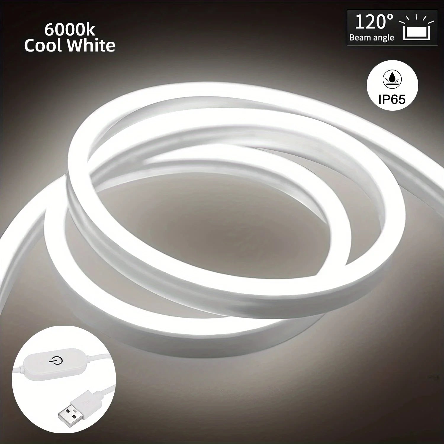 Fotorrealistic product image of a 6000K cool white LED strip with USB dimmer control, emitting crisp light on a neutral beige background — clean, modern ThuisGemak style.