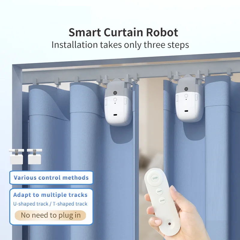 Smart curtain motor system on blue drapes, controlled remotely with a minimalist white remote, modern home automation design, ThuisGemak.