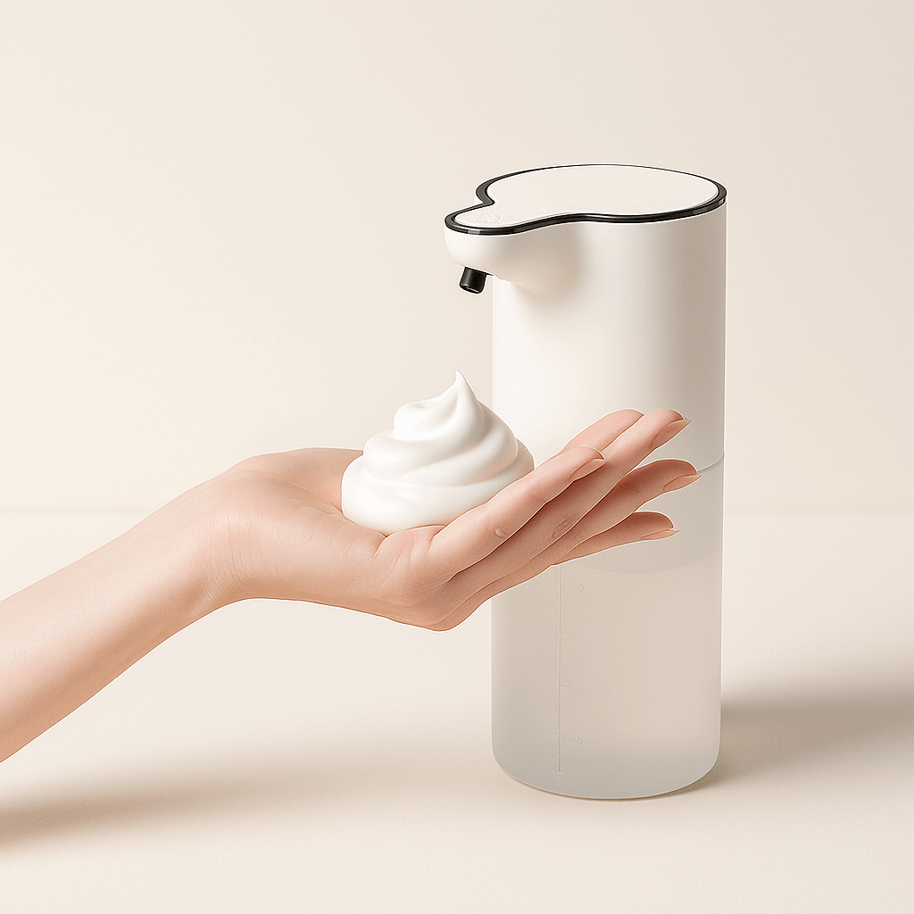 Automatic Foam Soap Dispenser releasing smooth foam into a hand, minimalist design with matte white finish, ThuisGemak.