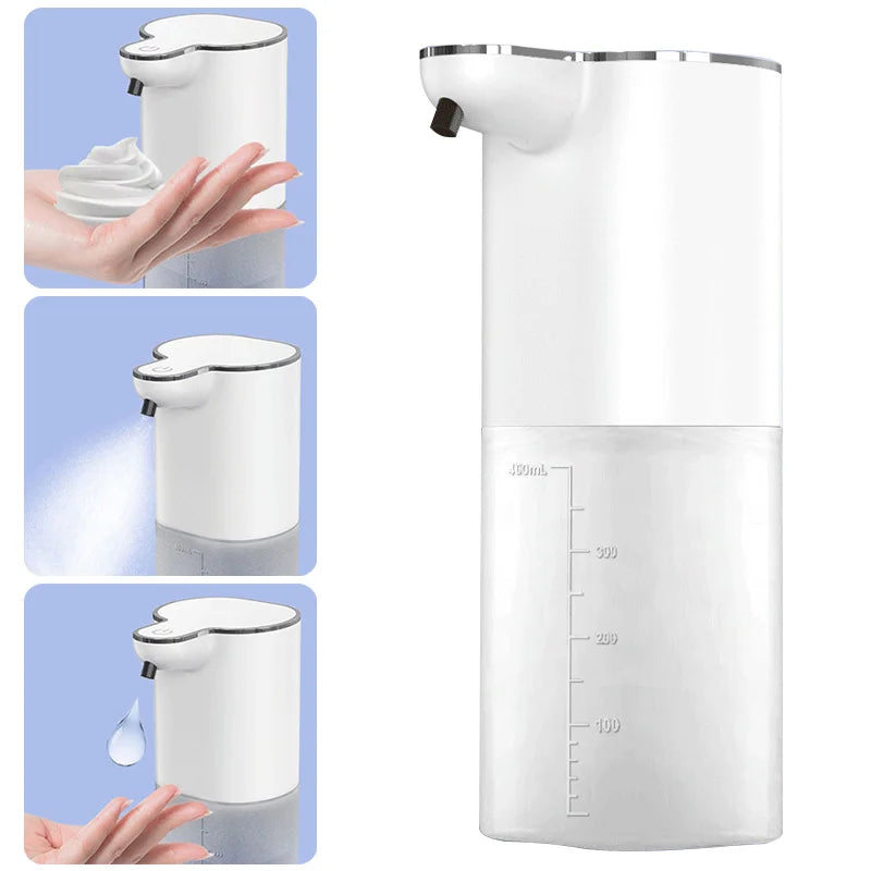 Automatic foam soap dispenser showcasing foam, spray, and liquid modes with 400ml transparent container, minimalist white design, ThuisGemak.