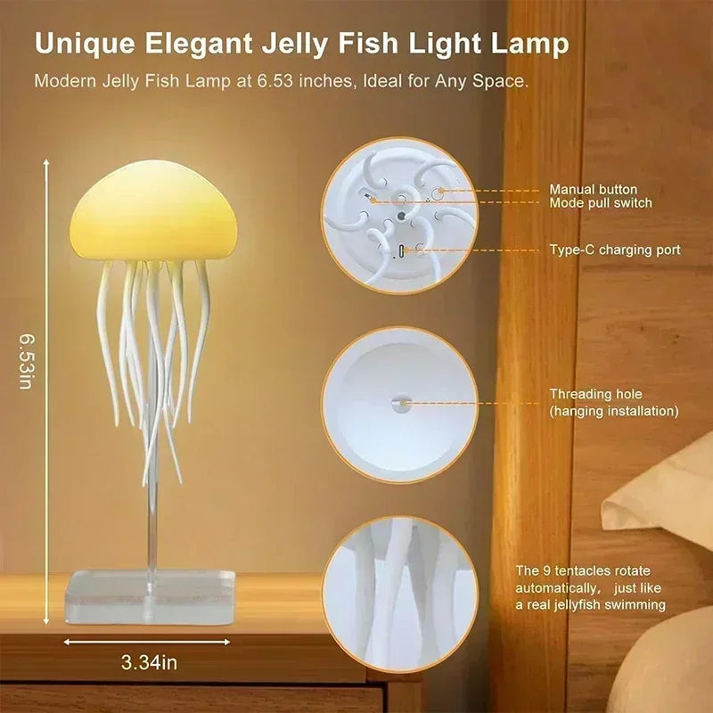 Elegant jellyfish-inspired ambient lamp with rotating tentacles, Type-C charging port, manual mode switch, and hanging thread option, shown in a warm-lit bedroom environment, ThuisGemak.