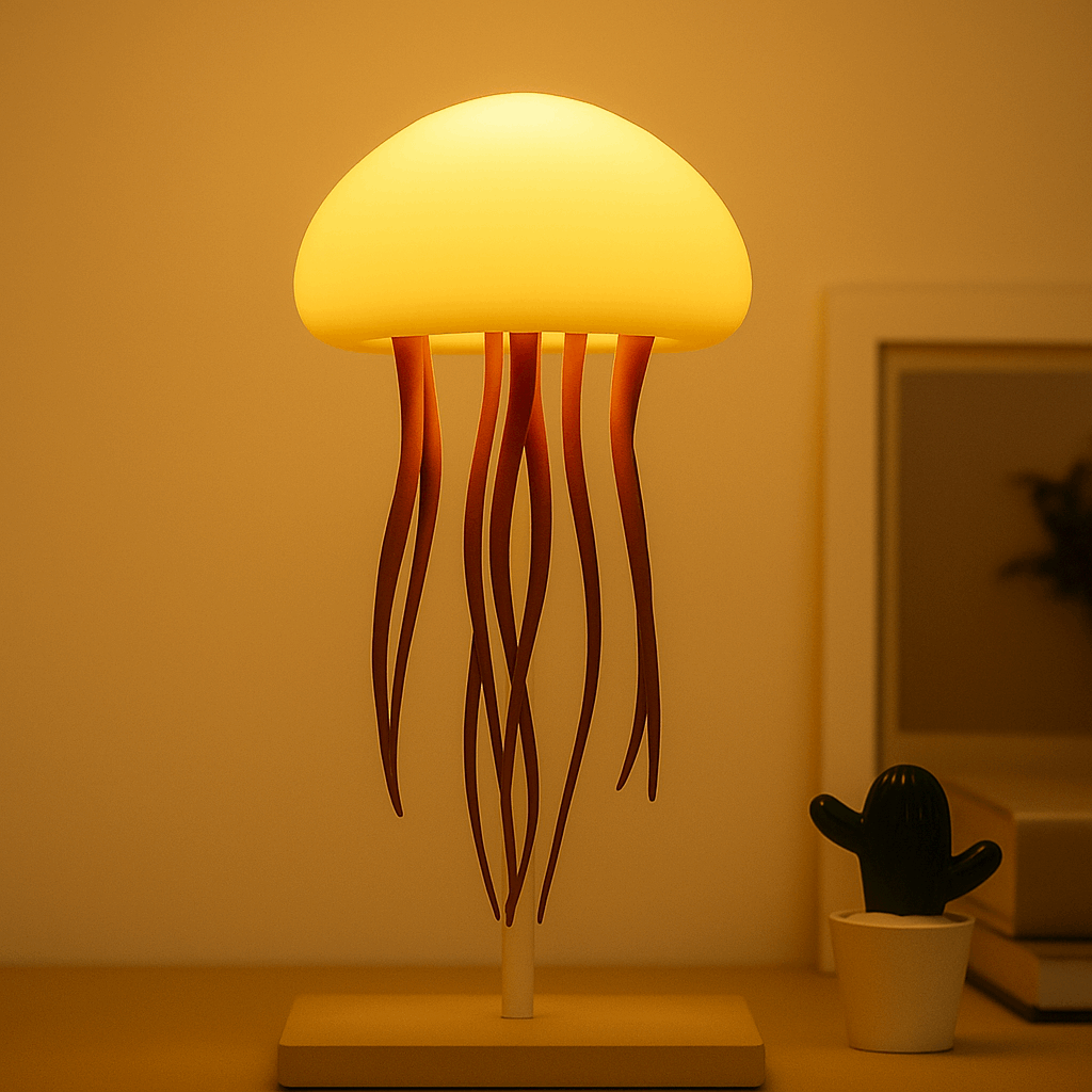 Warm glowing jellyfish-inspired ambient lamp with smooth dome shade and flowing tendrils, emitting soft golden light in a serene night setting, ThuisGemak.