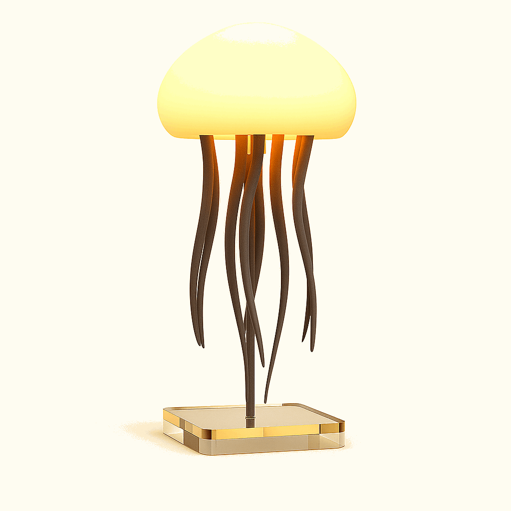 Artistic ambient night light inspired by jellyfish form, featuring a soft golden dome and flowing bionic tendrils over a mirrored brass base, minimal and elegant, ThuisGemak.