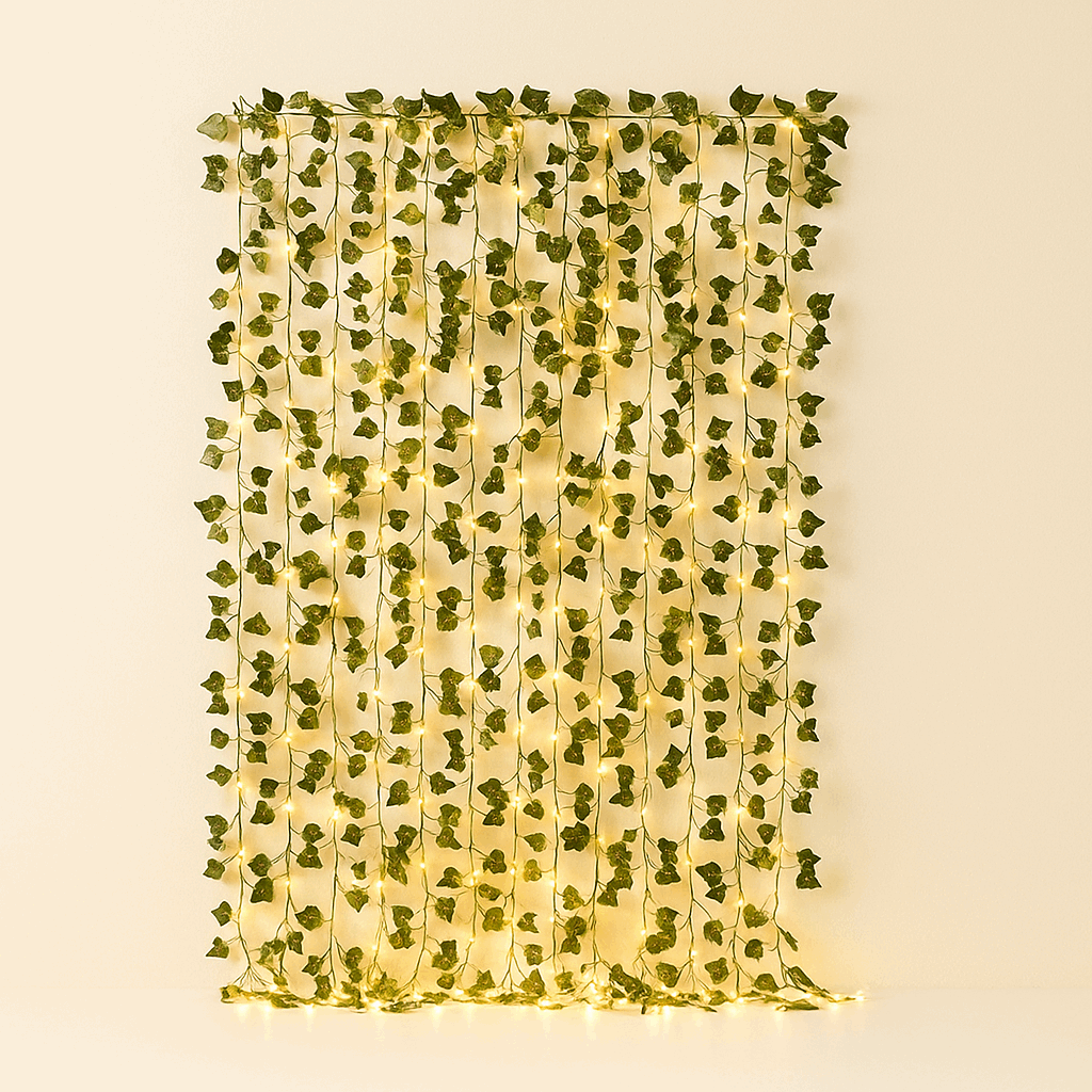 Warm-lit hanging ivy string lights cascading gracefully against a neutral wall, combining lush green leaves with soft golden illumination for a serene and natural decorative ambiance, ThuisGemak.