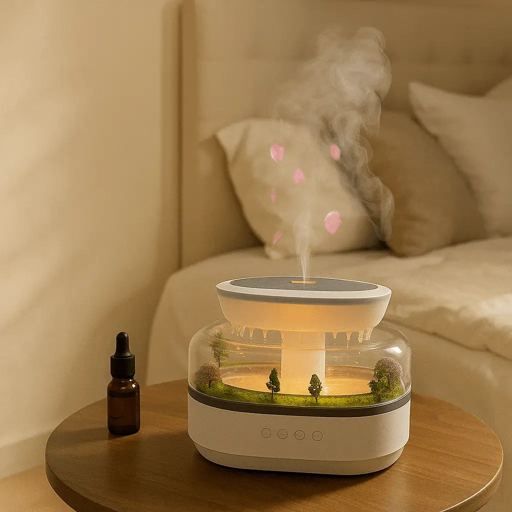 Cloud Calm Air Humidifier and flavouring in bedroom, modern design, ThuisGemak.