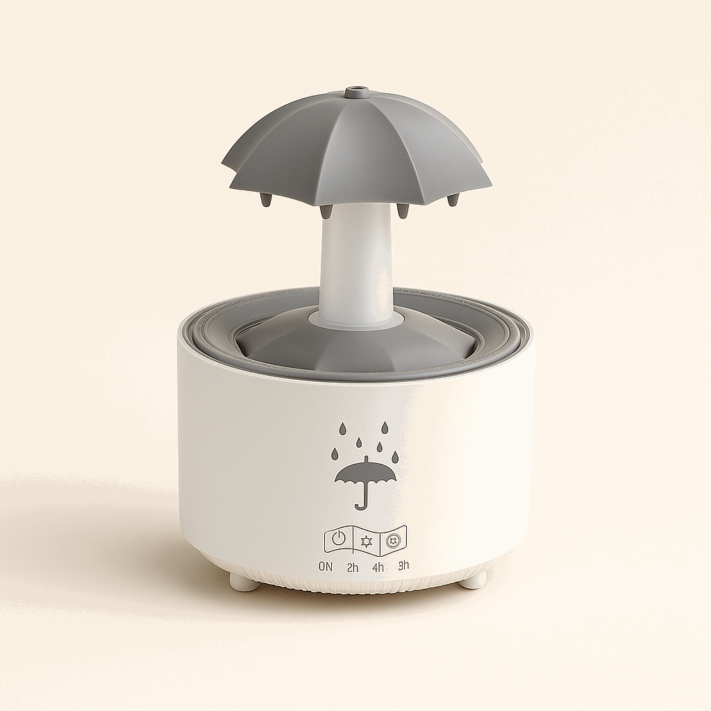 Softly illuminated ultrasonic humidifier with umbrella-shaped mist outlet and water droplet effect, glowing cyan light and matte finish base, creating a serene atmosphere, ThuisGemak.