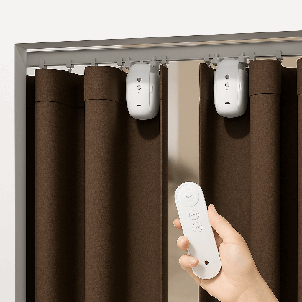 Automated curtain opener attached to brown drapes, controlled remotely with a sleek white remote, modern home setting, ThuisGemak.