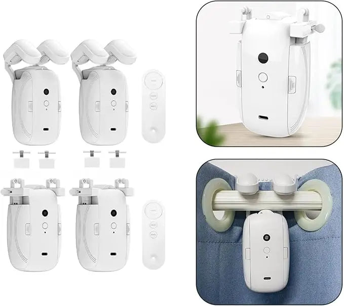 Set of smart curtain motors with remote control and multiple track adapters, white minimalist design for home automation, ThuisGemak.
