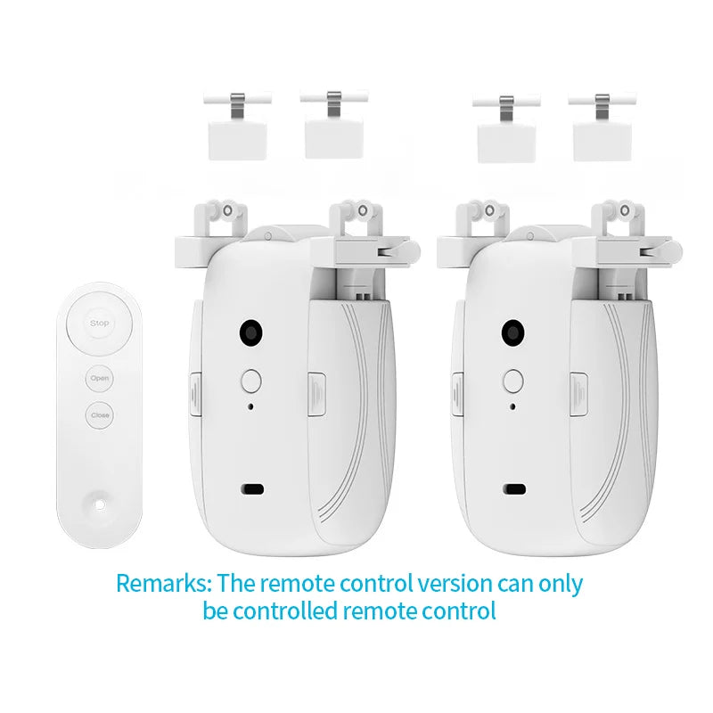 Set of dual smart curtain motors with remote control, minimalist white aesthetic, designed for synchronized movement and effortless control, ThuisGemak.
