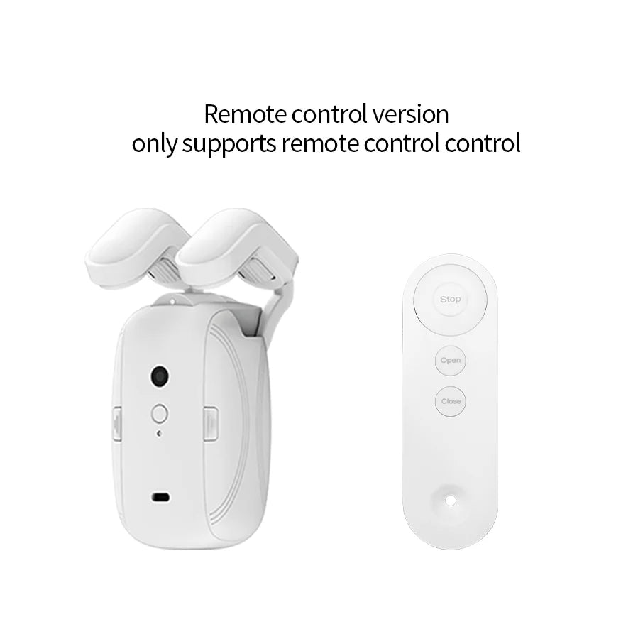 Minimalist smart curtain motor with remote control, featuring simple interface and smooth performance for manual automation, elegant white design, ThuisGemak.