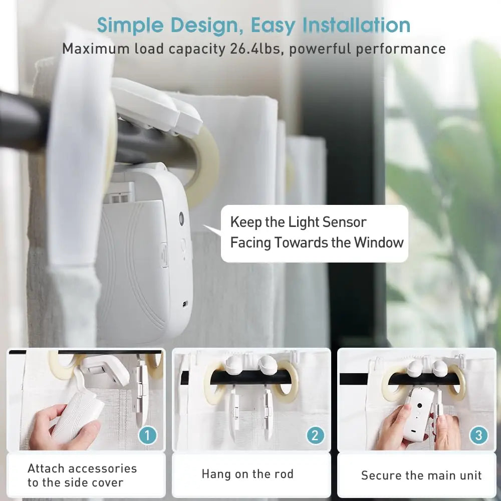 Smart curtain motor installation guide showing step-by-step setup with minimalist design and soft lighting, emphasizing simplicity and elegance, ThuisGemak.