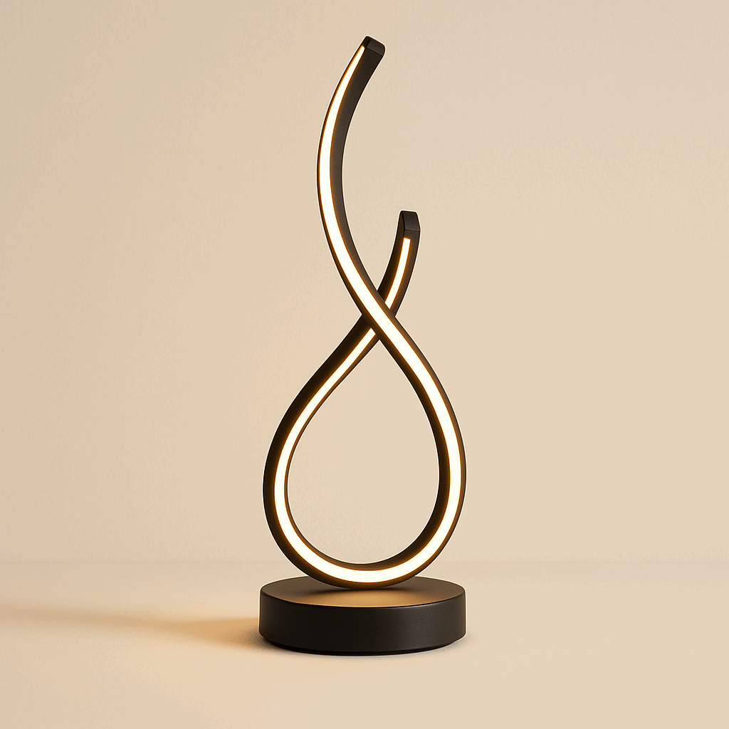 Elegant sculptural LED table lamp with a continuous spiral loop design in matte black, emitting a soft warm light for modern ambient interiors, ThuisGemak.