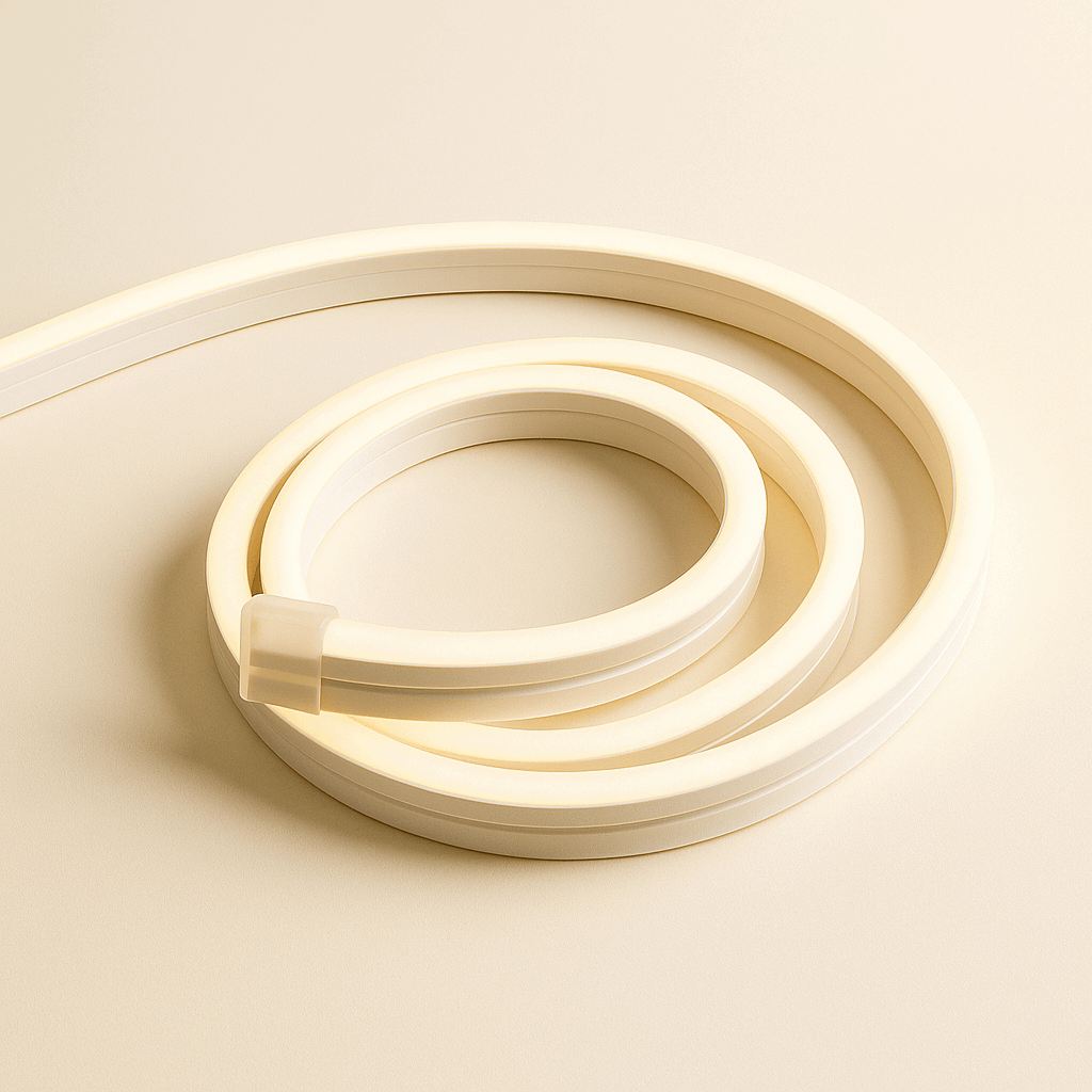 Flexible LED neon strip coiled neatly on a neutral surface, emitting a soft warm-white glow with a sleek modern finish.