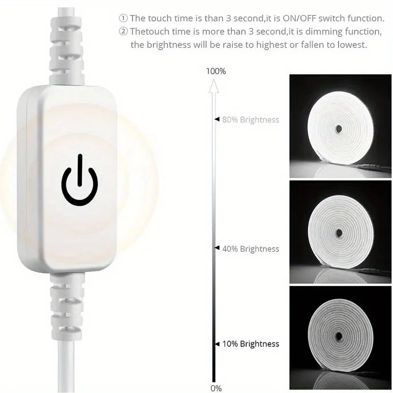 Touch-sensitive LED dimmer switch with adjustable brightness levels from 10% to 100%, shown alongside coiled LED light strips at different intensities.