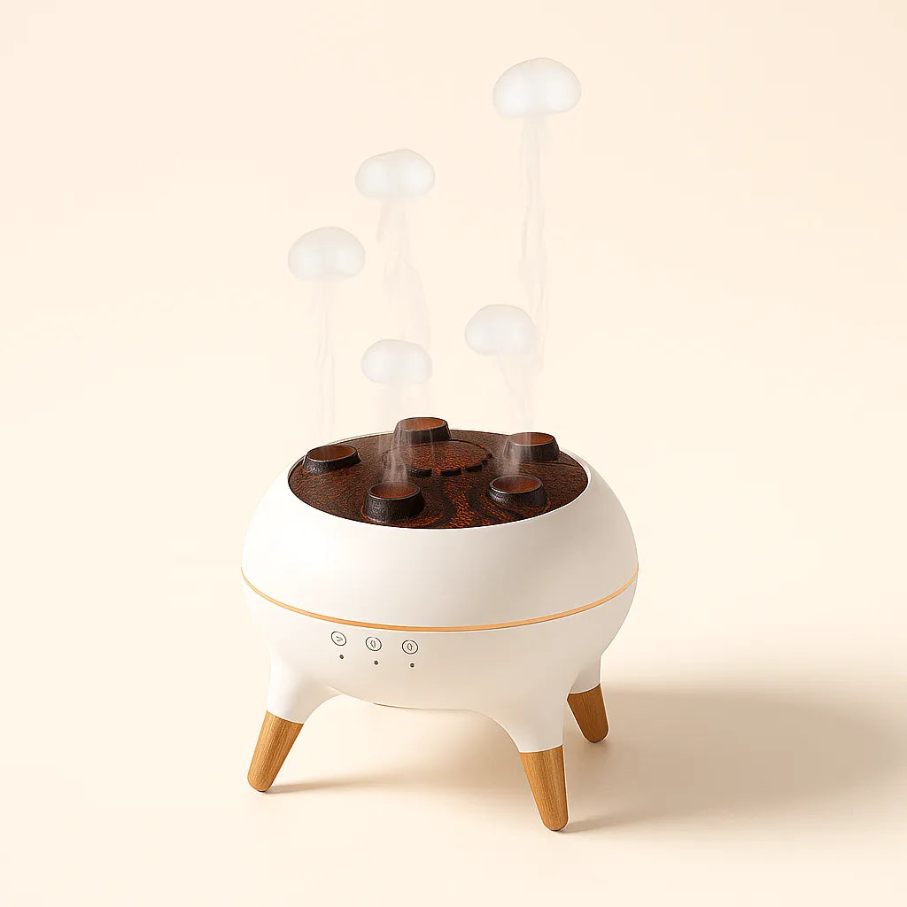 Mini Flame Air Humidifier displayed with soft mist and wooden accents, modern design, ThuisGemak.