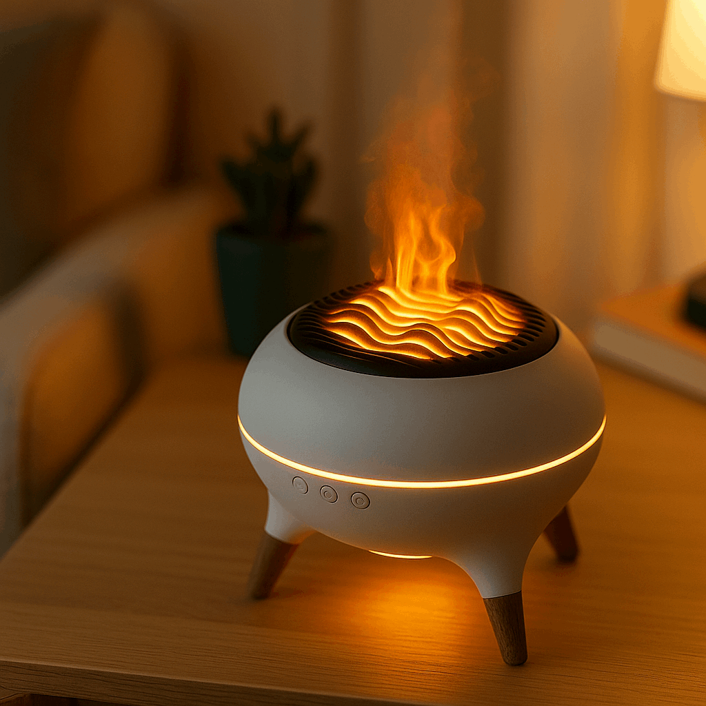 Mini Flame Air Humidifier displaying realistic flame effect and warm ambient lighting, modern design, ThuisGemak.