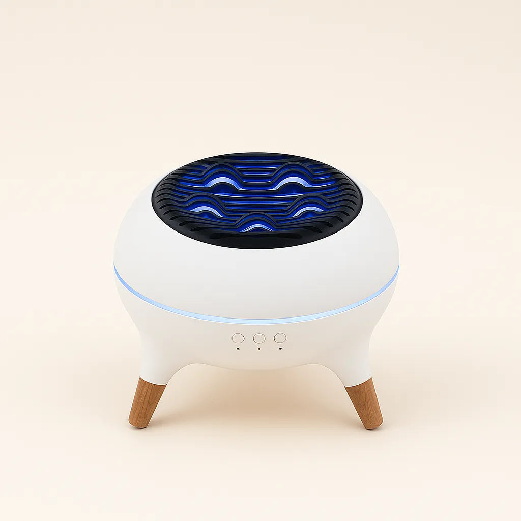 Mini Flame Air Humidifier featuring blue ambient light and minimalist structure, modern design, ThuisGemak.