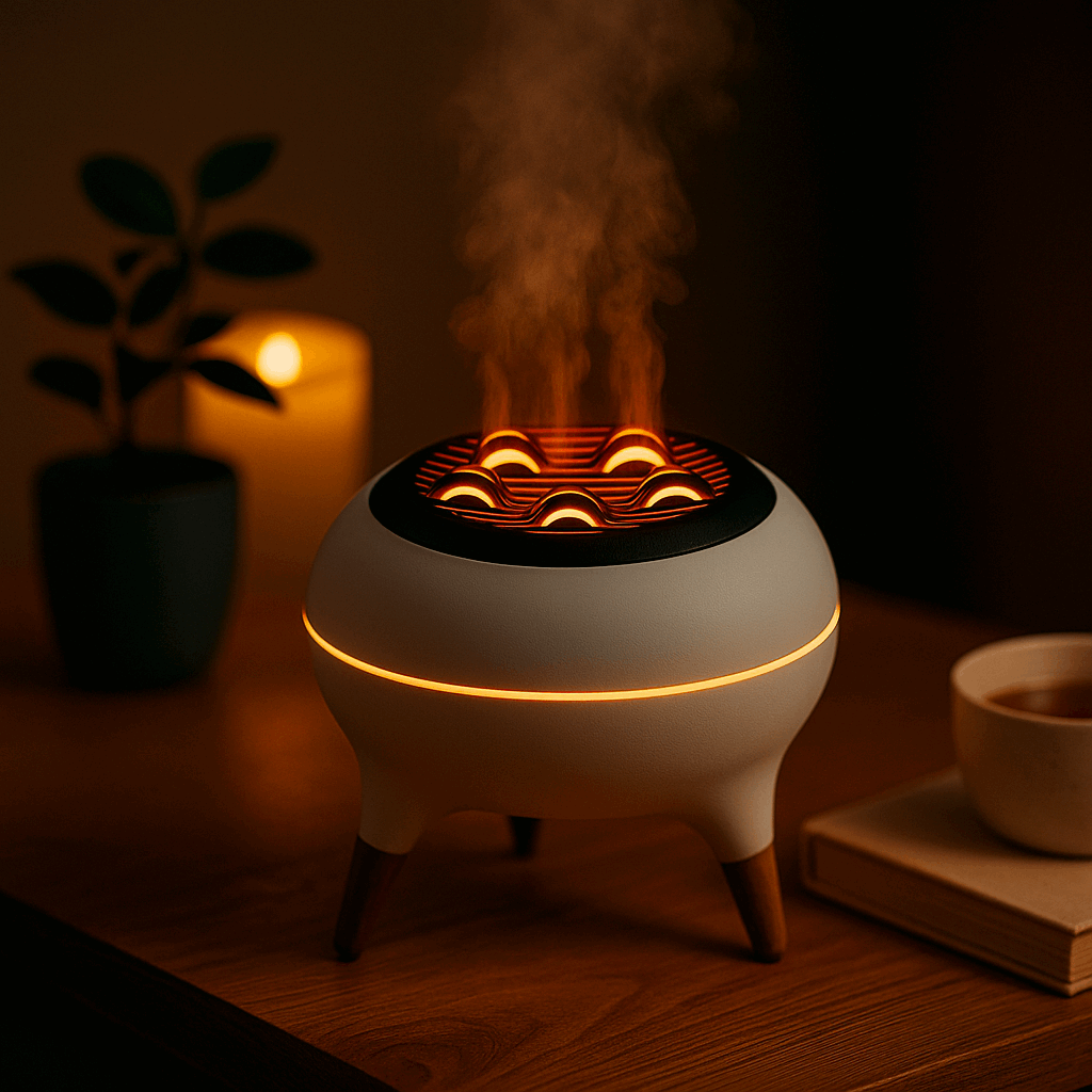 Mini Flame Air Humidifier emitting warm mist with soft orange lighting, creating a relaxing atmosphere, modern design, ThuisGemak.