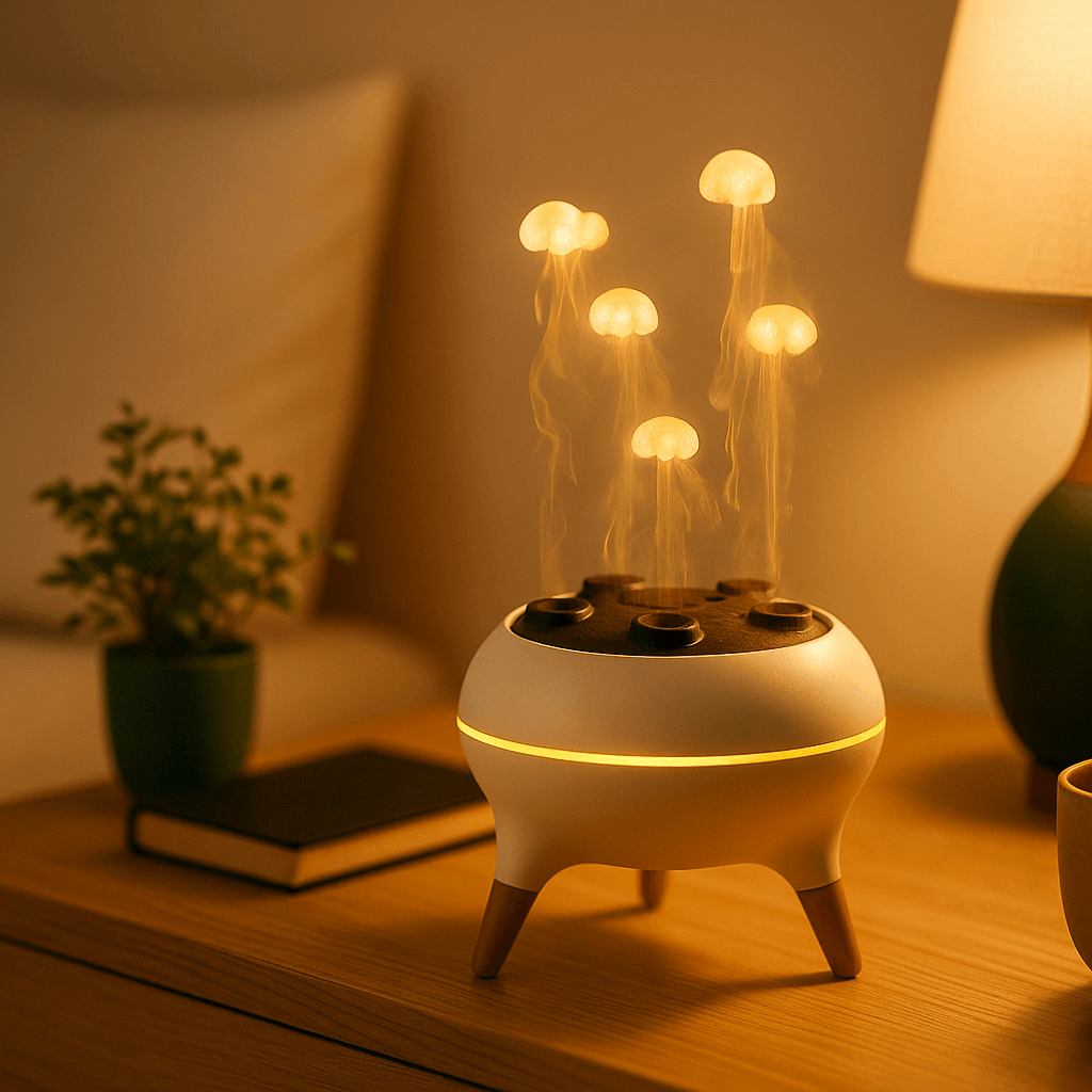 Mini Flame Air Humidifier illuminated with warm ambient light, creating a cozy atmosphere, modern design, ThuisGemak.