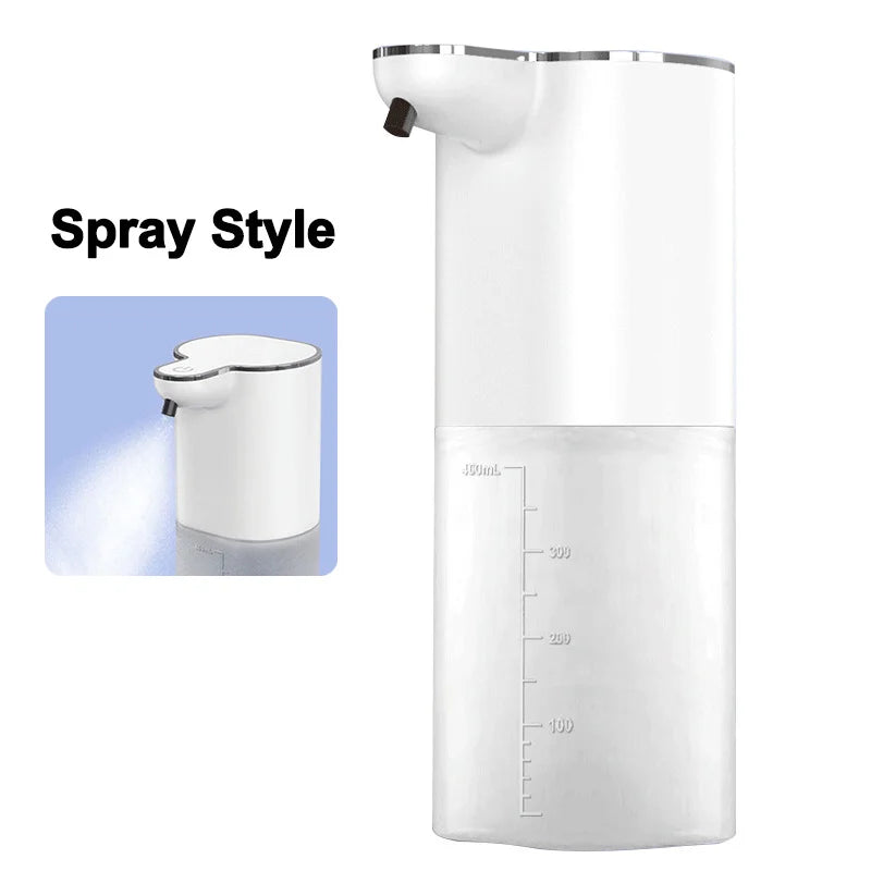 Automatic spray-style soap dispenser with transparent 400ml container and sleek white body, minimalist and modern design, ThuisGemak.