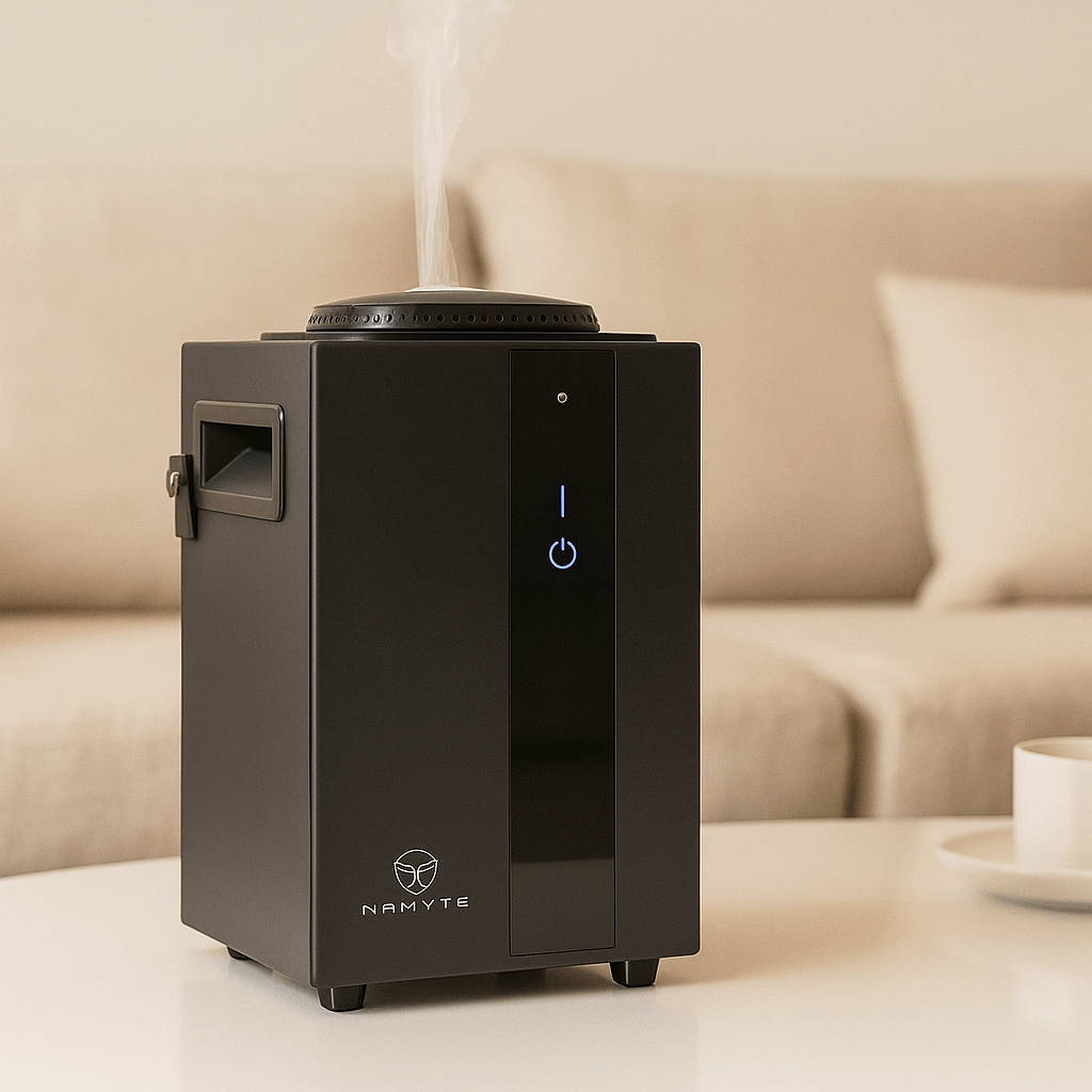 NAMSTE Bluetooth Aroma Diffuser placed on a white table, modern design, ThuisGemak.