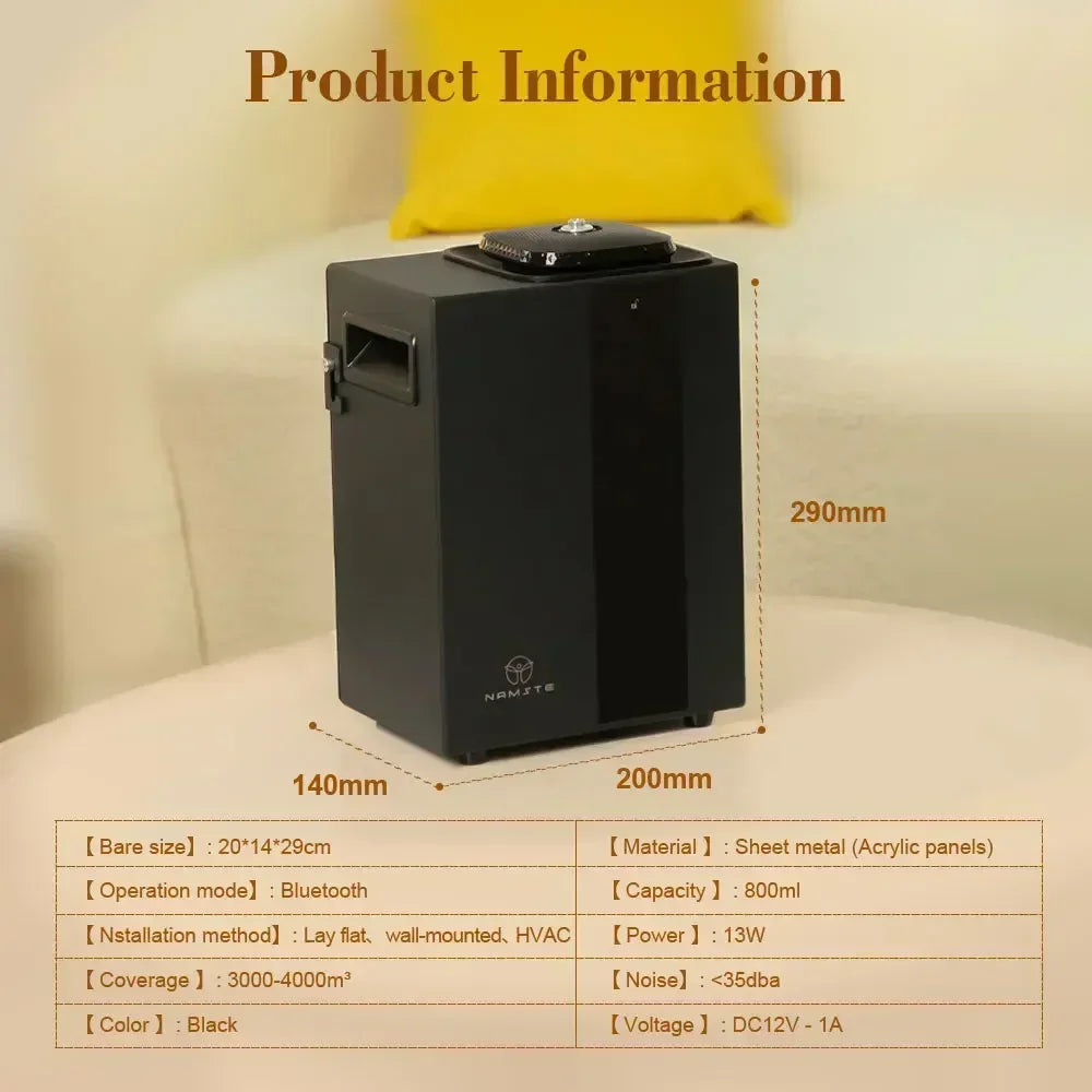 NAMSTE Bluetooth Aroma Diffuser presented with product specifications and minimalist layout, modern design, ThuisGemak.
