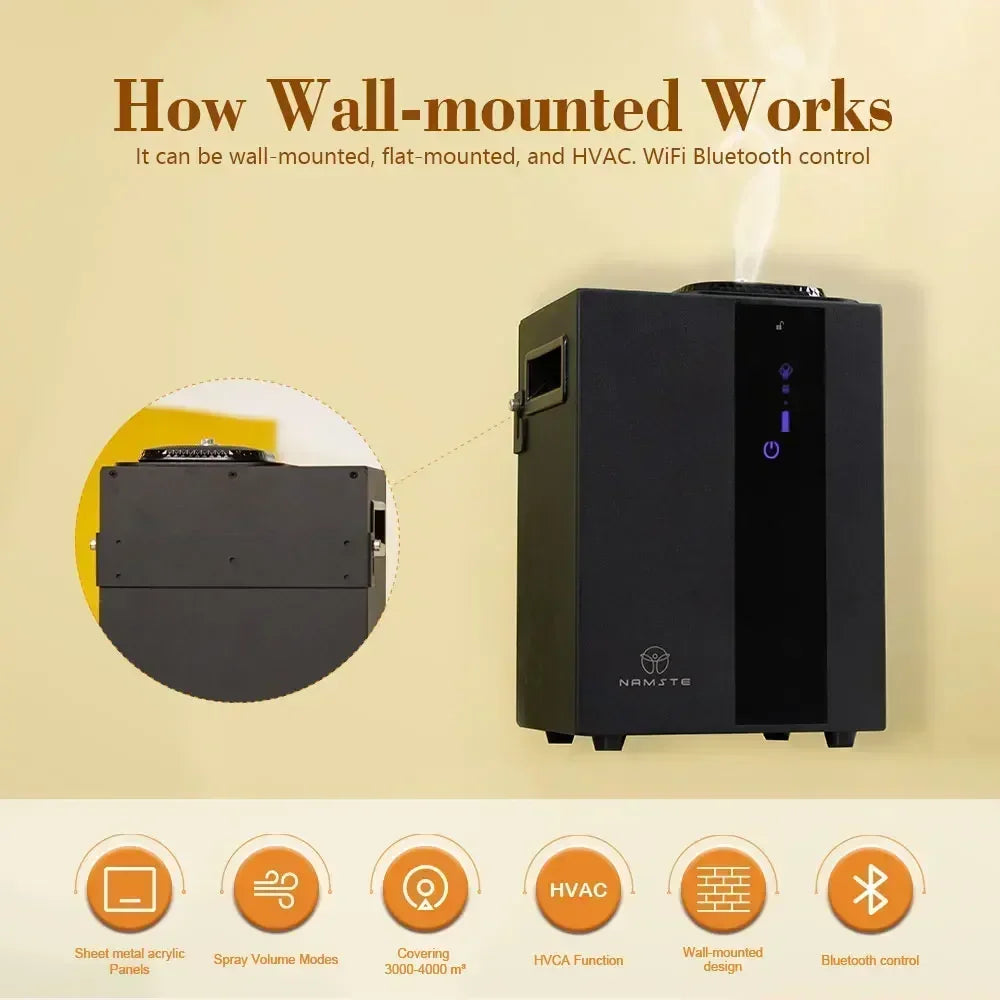 NAMSTE Bluetooth Aroma Diffuser displayed with wall-mounted features and modern controls, modern design, ThuisGemak.
