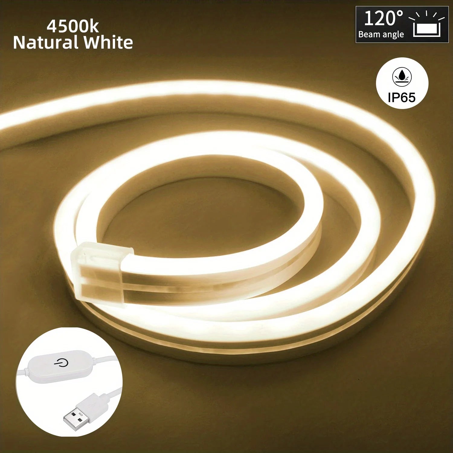 Fotorrealistic product image of a flexible 4500K natural white LED strip with USB dimmer control, softly glowing on a beige surface — minimalist and premium ThuisGemak aesthetic.