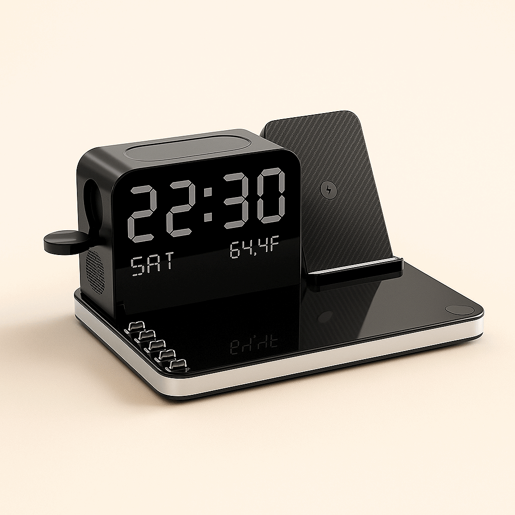 Qi2 3-in-1 Magnetic Wireless Charger displayed with digital clock and phone stand, modern design, ThuisGemak.