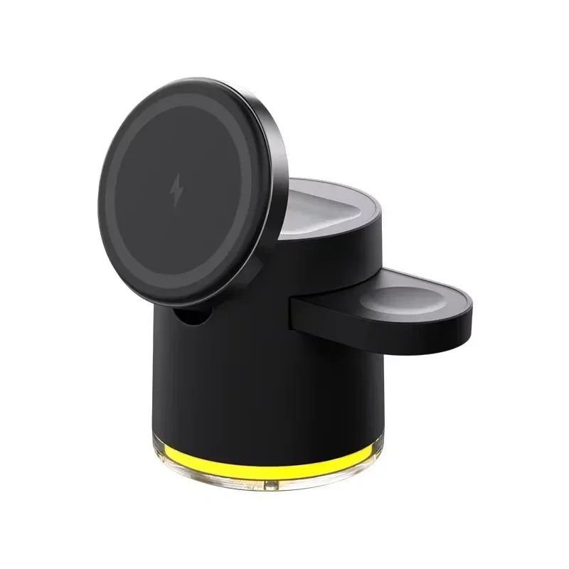 Minimalist white Qi2 magnetic wireless charging dock with cylindrical base and ambient yellow light ring, featuring dual side arms for smartwatch and earbuds charging, ThuisGemak.