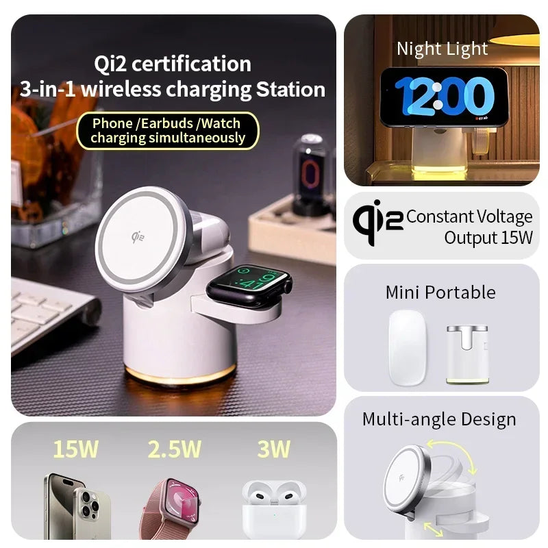 Qi2-certified 3-in-1 wireless charging station with magnetic surface, supporting phone, earbuds, and smartwatch charging simultaneously; compact cylindrical design with adjustable angles and soft ambient night light, ThuisGemak.