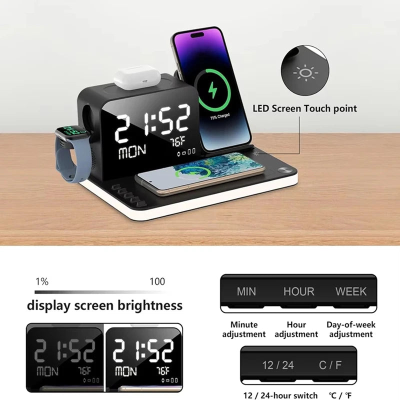 Qi2 3-in-1 Magnetic Wireless Charger featuring adjustable LED brightness and touch control interface, modern design, ThuisGemak.