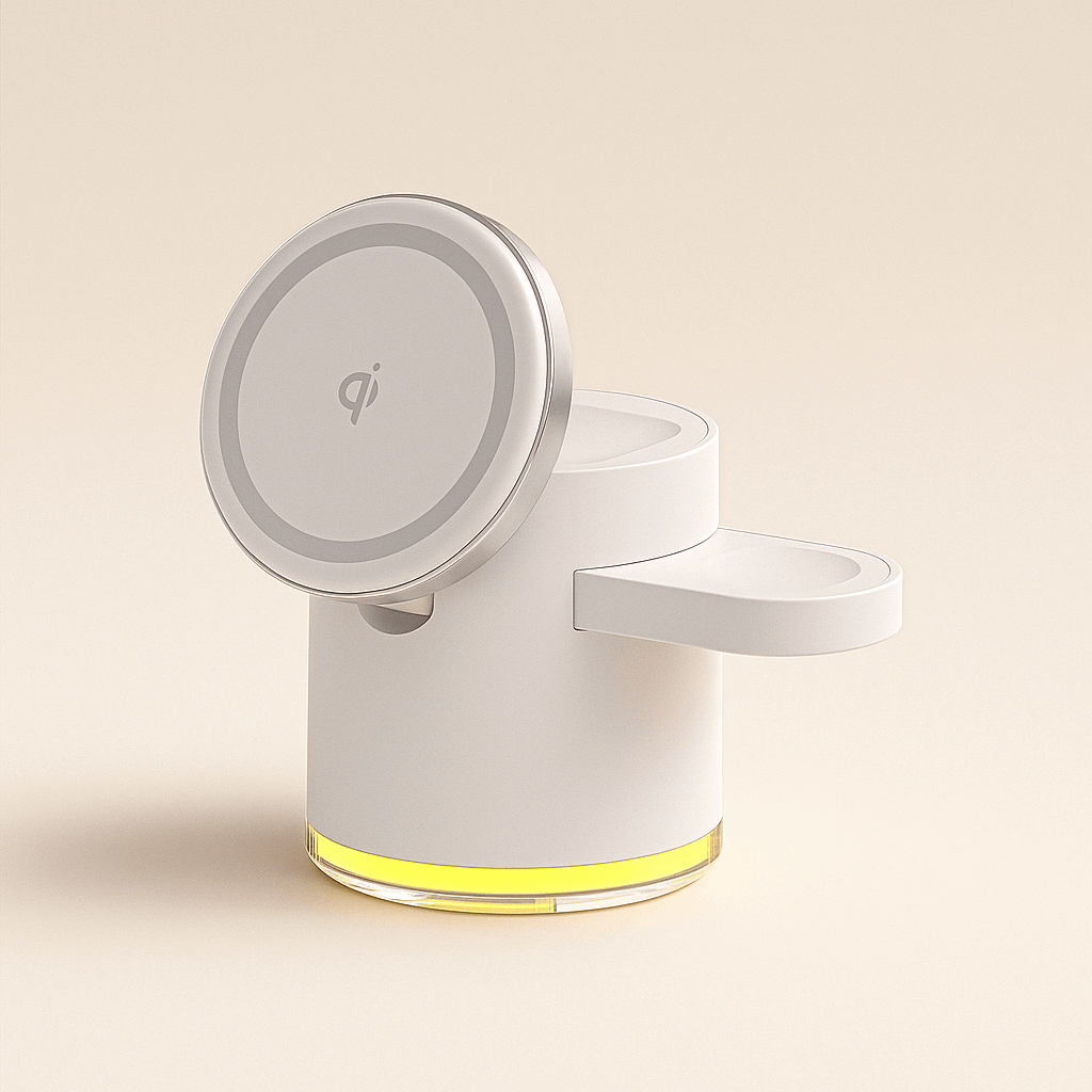 Minimalist Qi2 magnetic wireless charger in matte white with metallic ring and soft ambient light base, designed for sleek desk organization and efficient charging, ThuisGemak.