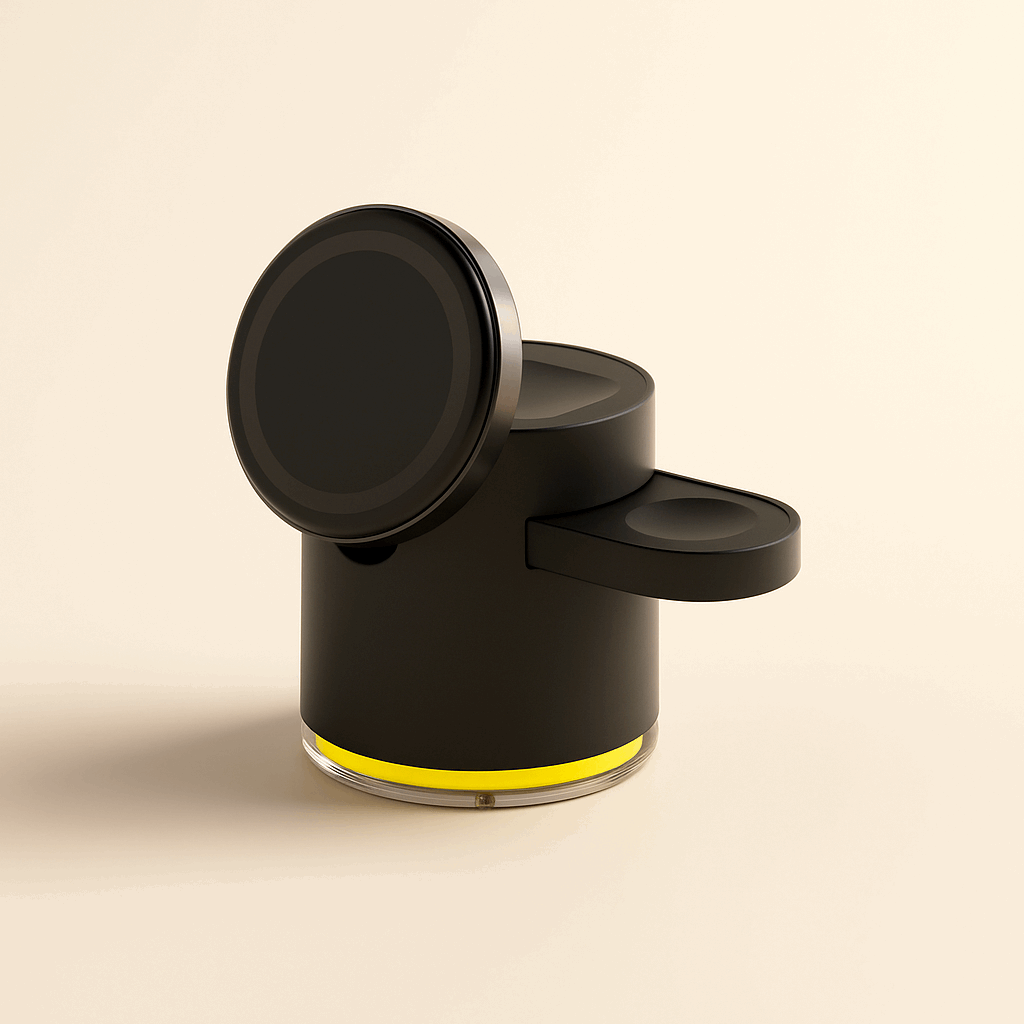 Elegant black Qi2 magnetic wireless charger with matte finish and warm yellow ambient light base, minimalist cylindrical design for modern interiors, ThuisGemak.