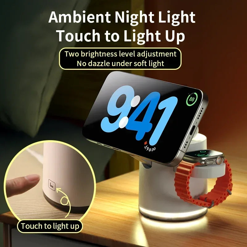 4-in-1 QI2 Draadloze Oplader - ThuisGemakMinimalist Qi2 magnetic wireless charger with built-in ambient night light, touch control and dual brightness levels, charging smartphone and smartwatch simultaneously on a wooden bedside table, ThuisGemak.