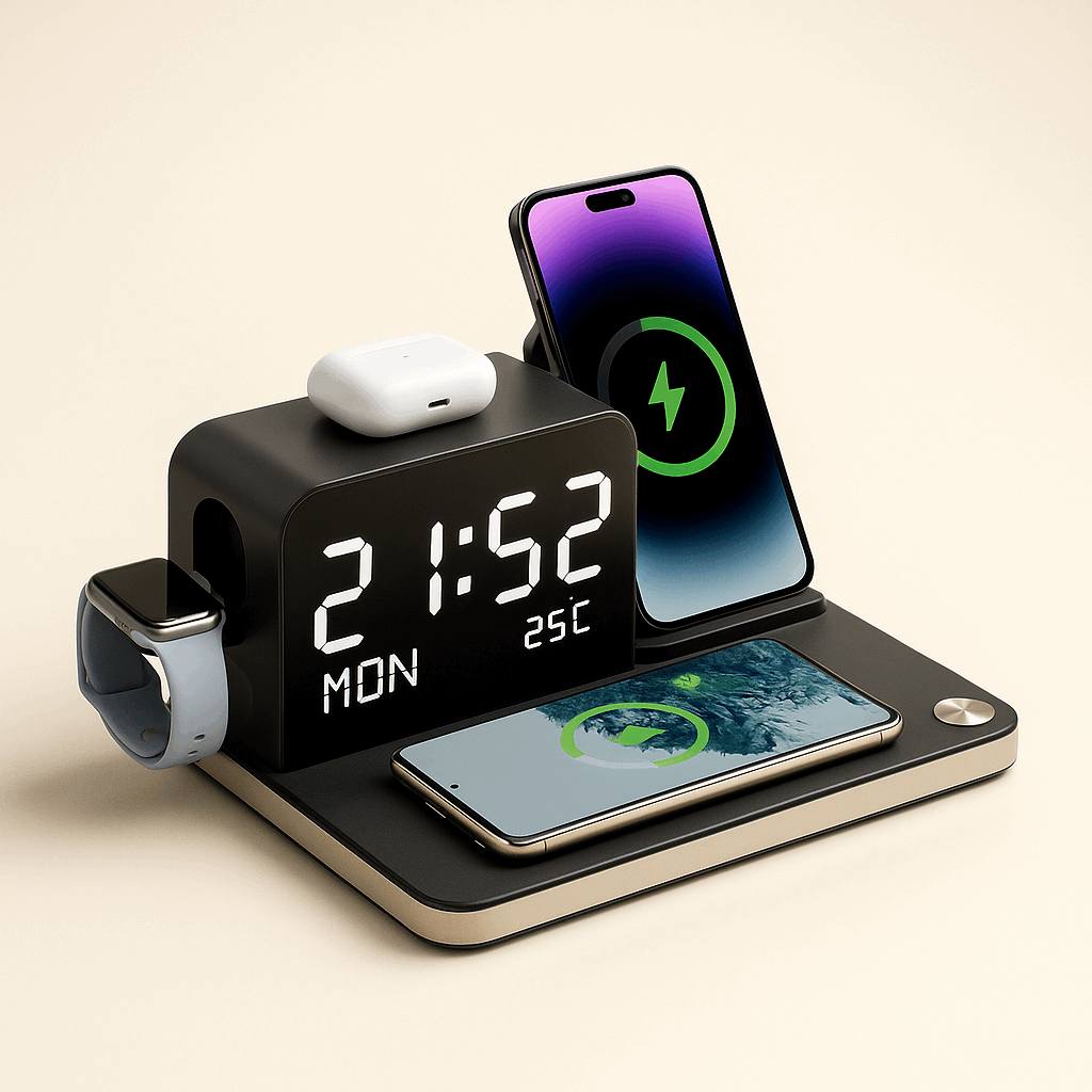 Qi2 3-in-1 Magnetic Wireless Charger showcasing simultaneous charging for phone, watch, and earbuds, modern design, ThuisGemak.