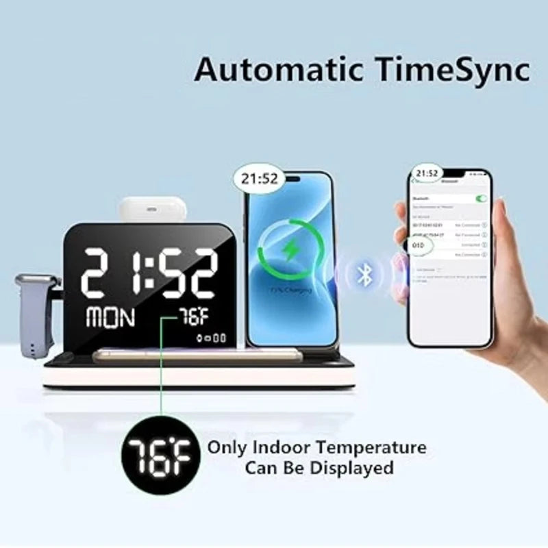 Qi2 3-in-1 Magnetic Wireless Charger demonstrating automatic Bluetooth time synchronization with smartphone, modern design, ThuisGemak.