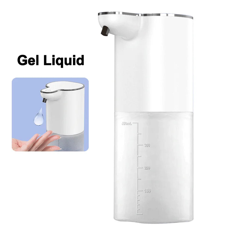 Automatic gel soap dispenser releasing a clear drop into an open hand, minimalist white design with transparent container, soft blue background, ThuisGemak.