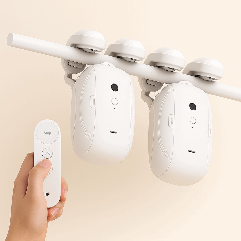 Automated curtain opener system with dual white motors mounted on a curtain rod, controlled by a minimalist remote, modern home design, ThuisGemak.