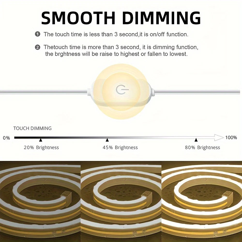 LED touch dimmer showing gradual brightness adjustment from 20% to 100%, with coiled light strips glowing in varying warm tones for smooth illumination control.