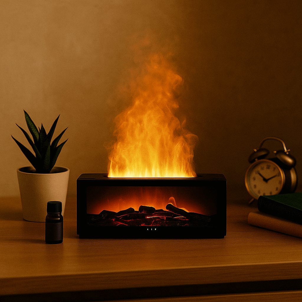 black Aroma Diffuser with Flame Effect in a cozy ambience- ThuisGemak