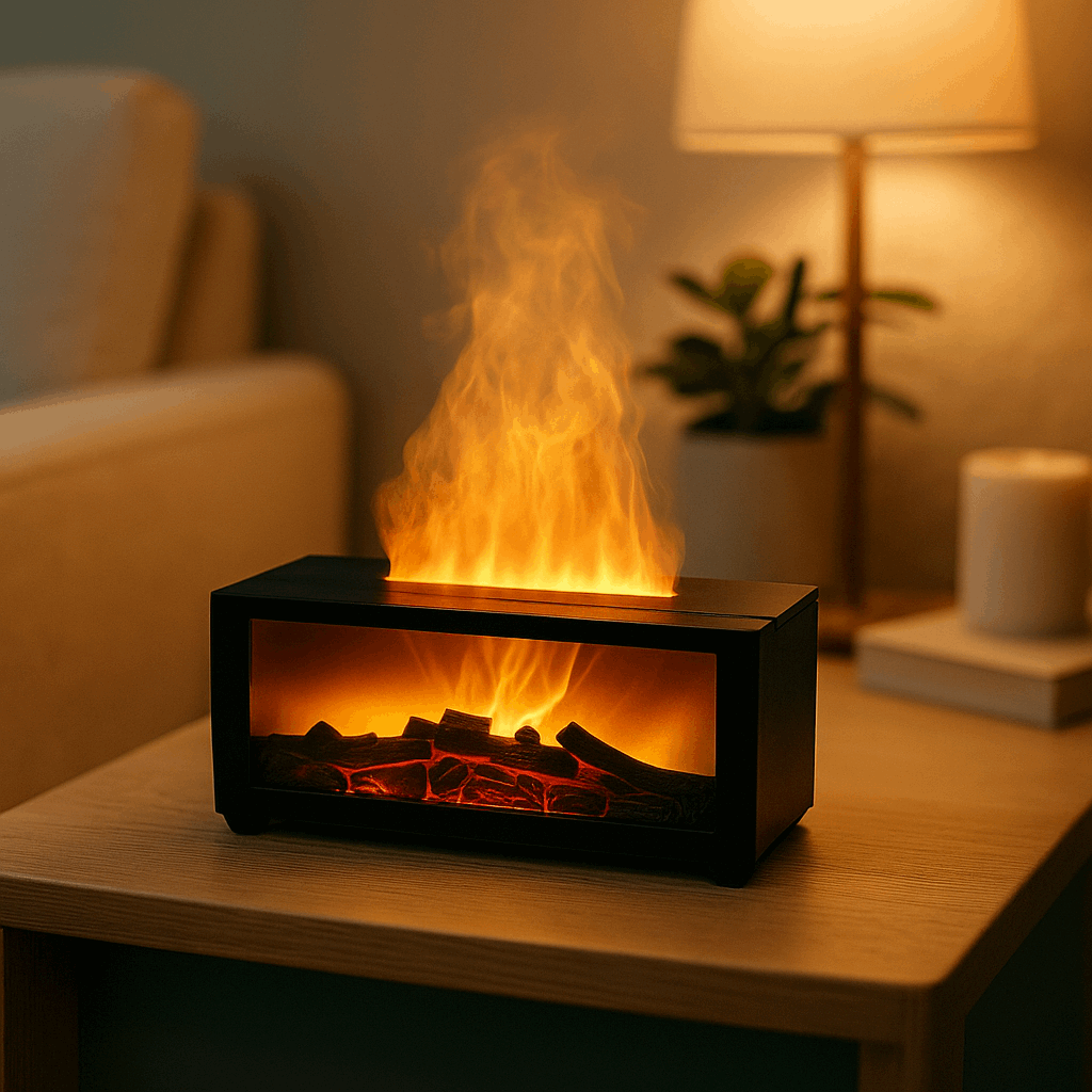 black Aroma Diffuser with Flame Effect on a table in a cozy ambience