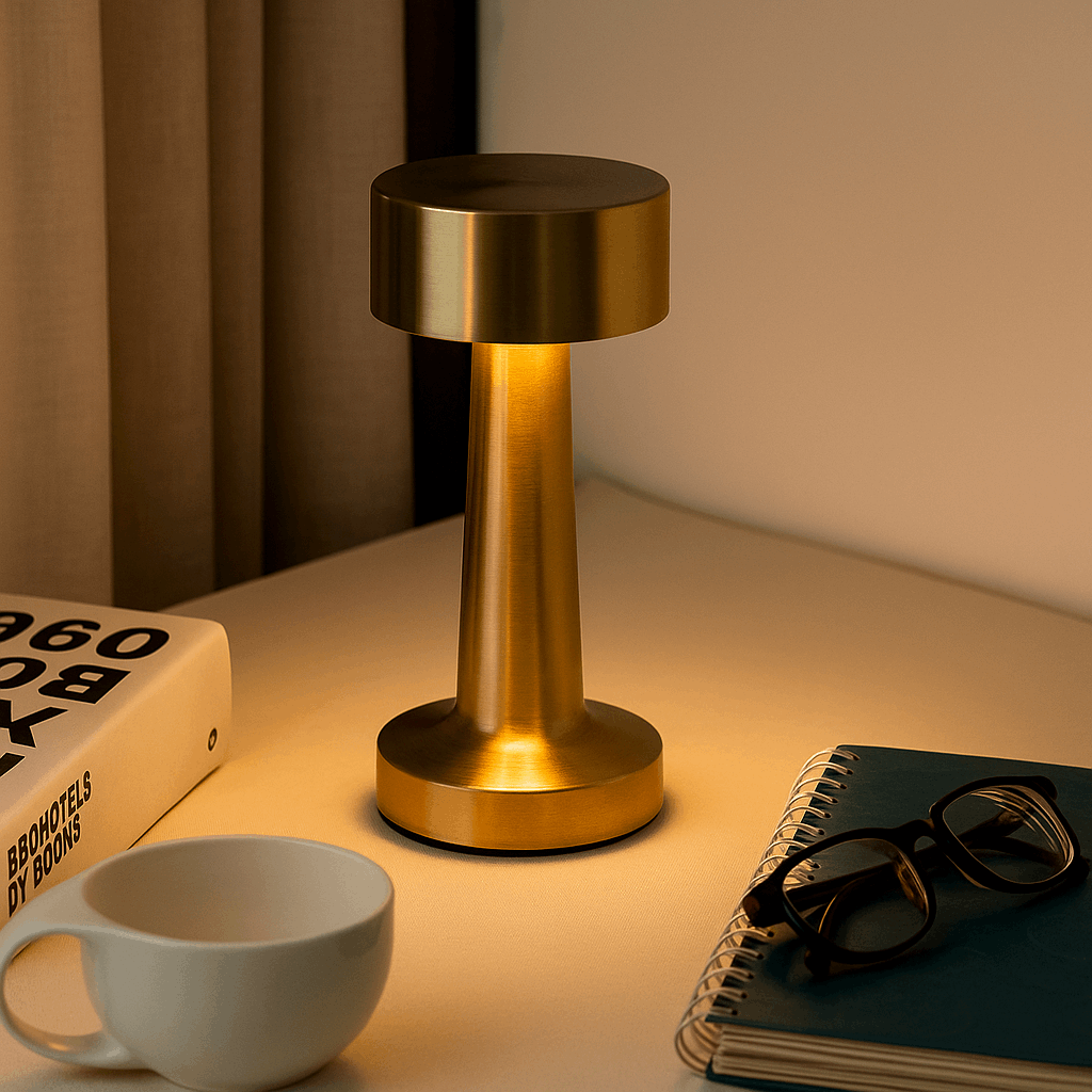 Retro table lamp on table next a book- ThuisGemak