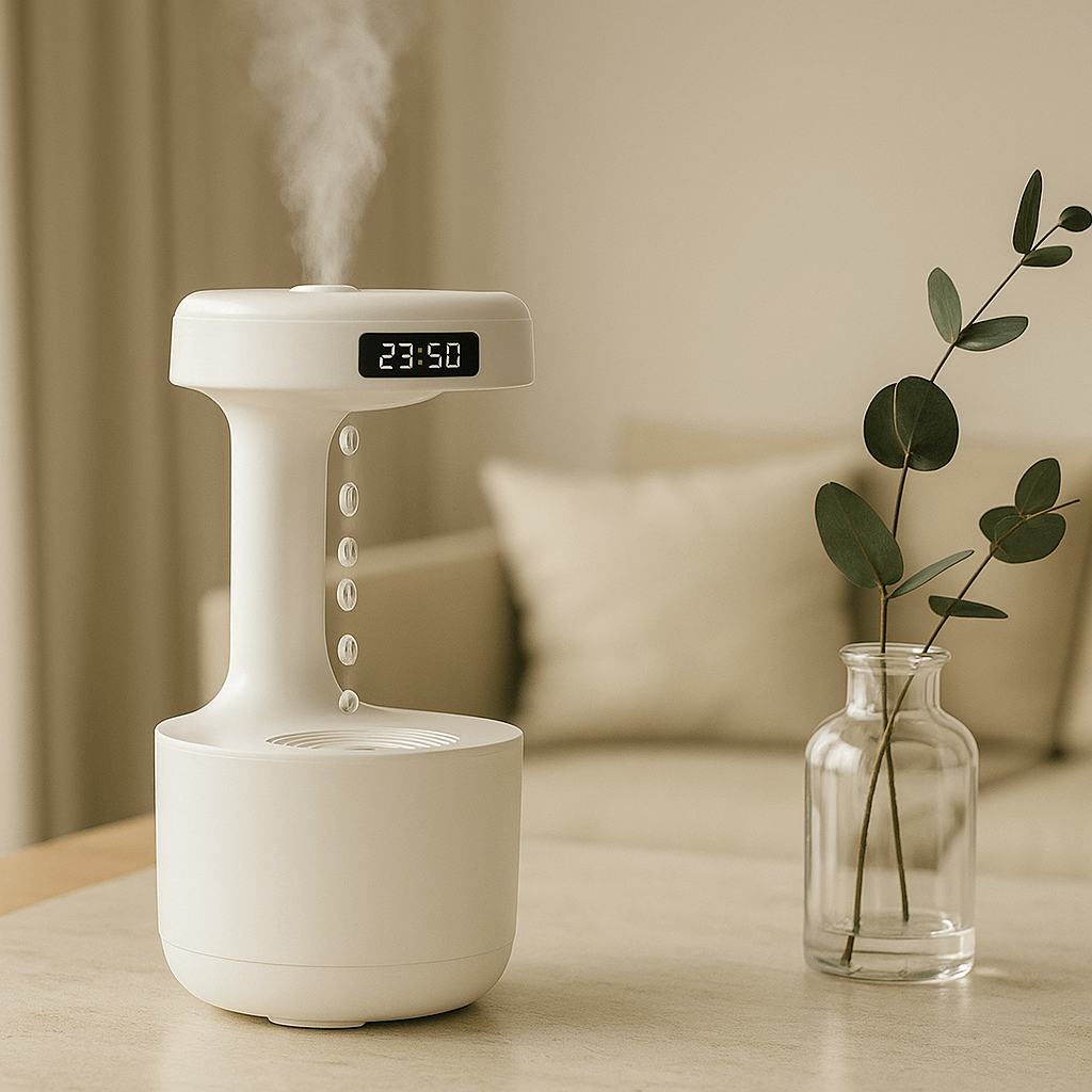 Pure Mist air humidifier on a beautiful table next to a plant- ThuisGemak