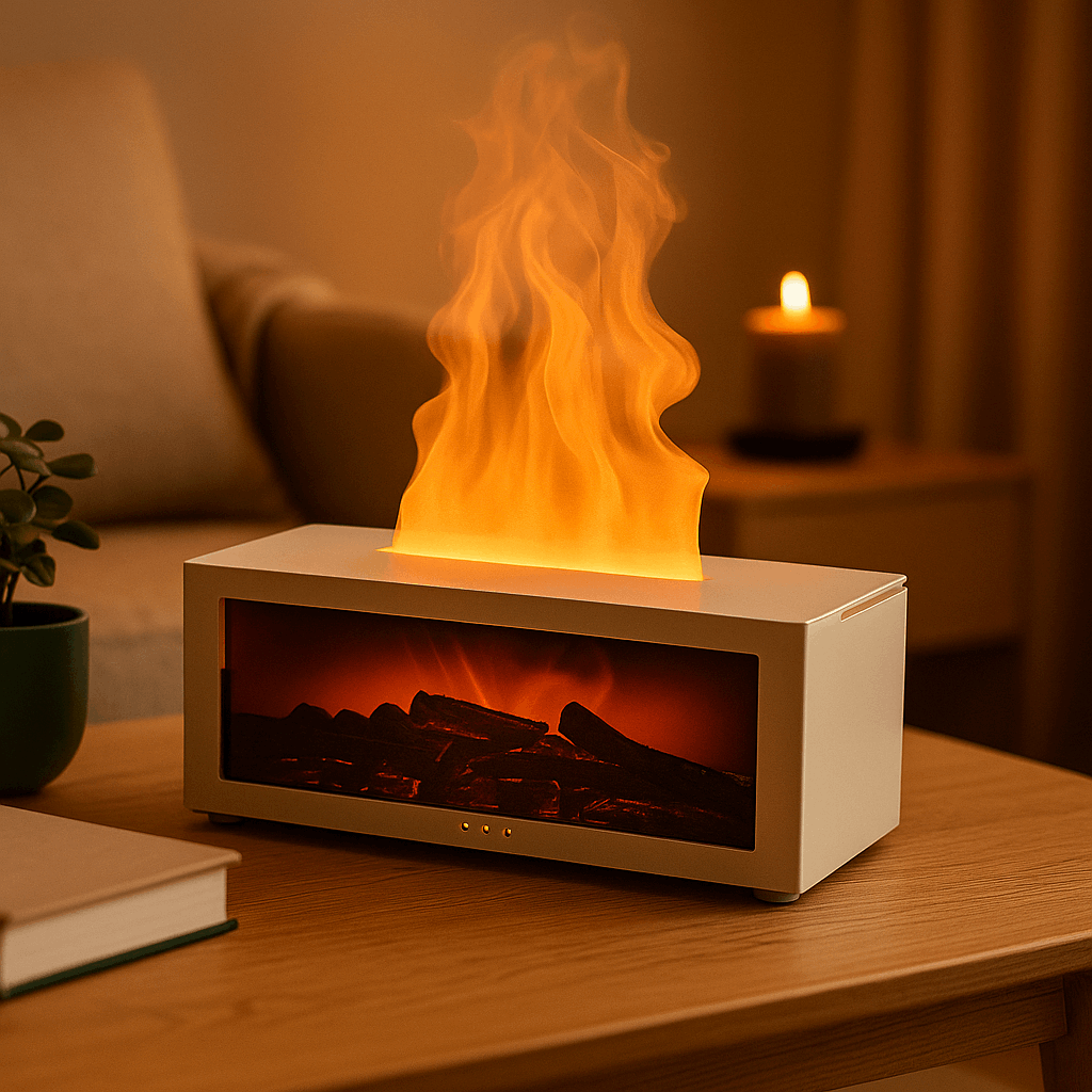 white Aroma Diffuser with Flame Effect in a cozy ambience - ThuisGemak