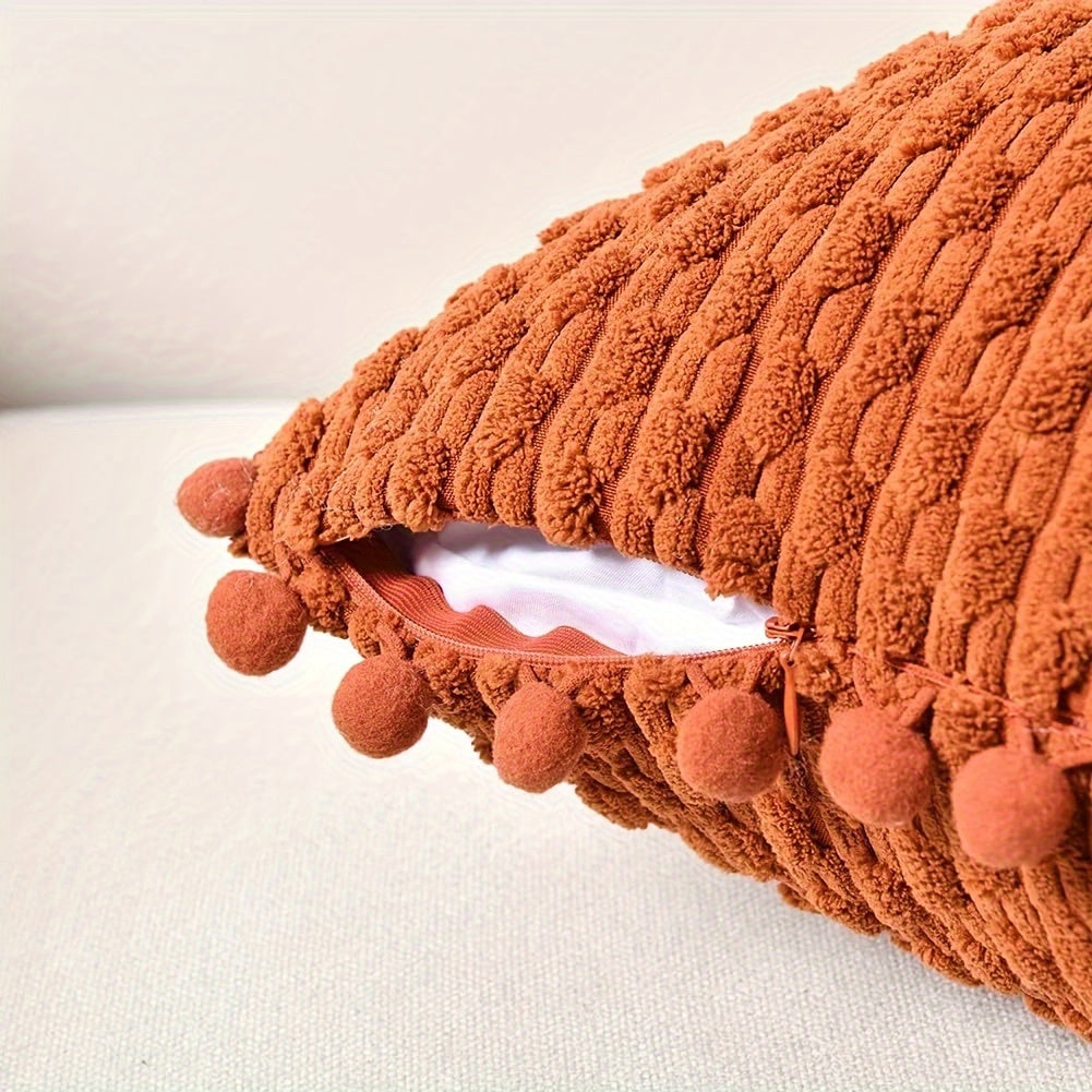 Set of 2 Corduroy Cushion Covers with Pom-Poms