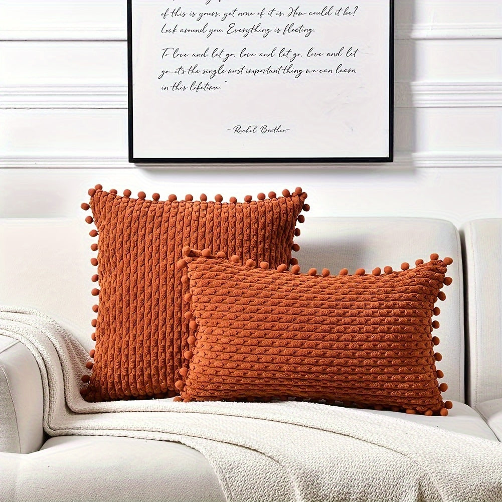 Set of 2 Corduroy Cushion Covers with Pom-Poms