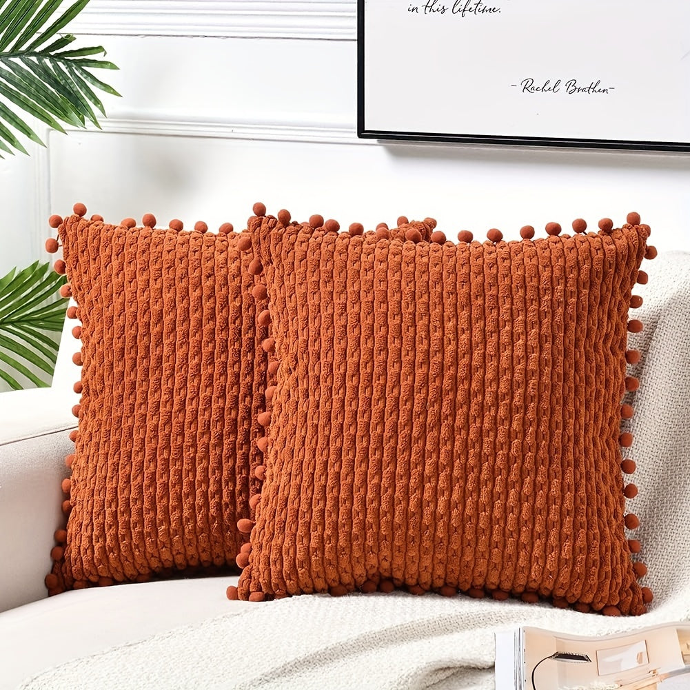 Set of 2 Corduroy Cushion Covers with Pom-Poms