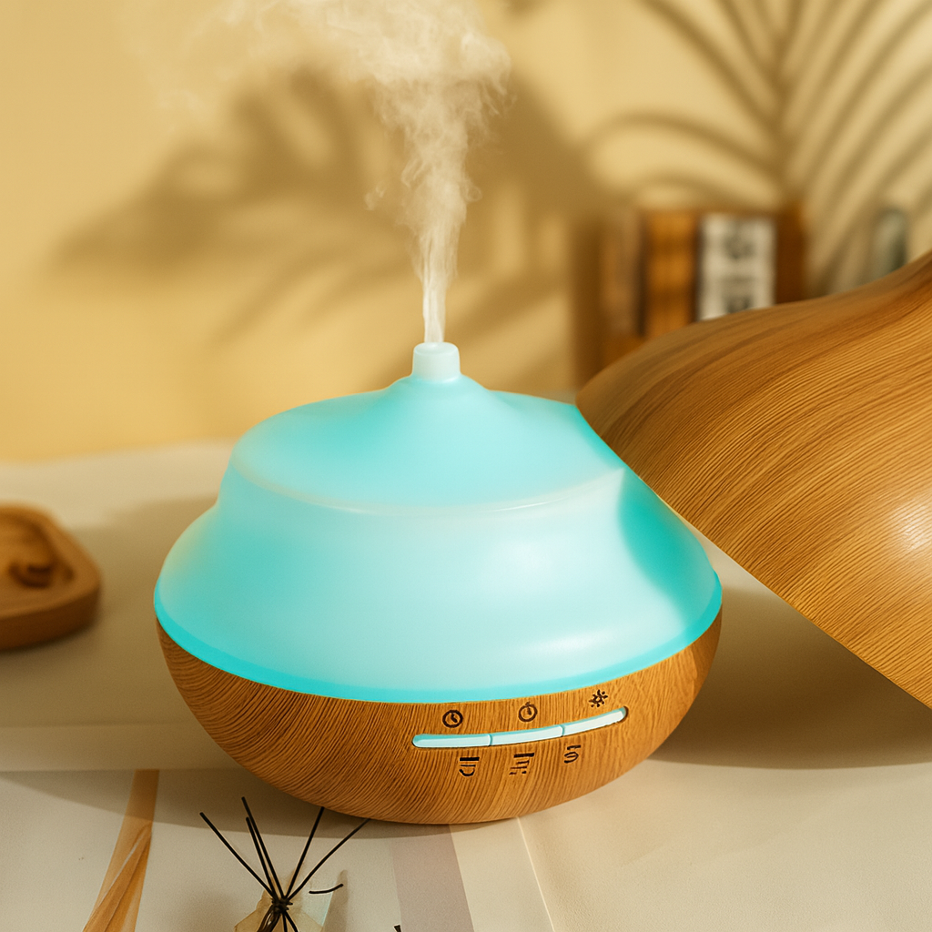 Wooden aroma diffuser with open lid and soft turquoise glow releasing mist on a sunlit table, ThuisGemak.